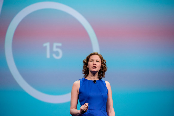 Ellie Powers, product manager of Google Play for Google Inc., speaks during the Google I/O Annual Developers Conference in San Francisco.